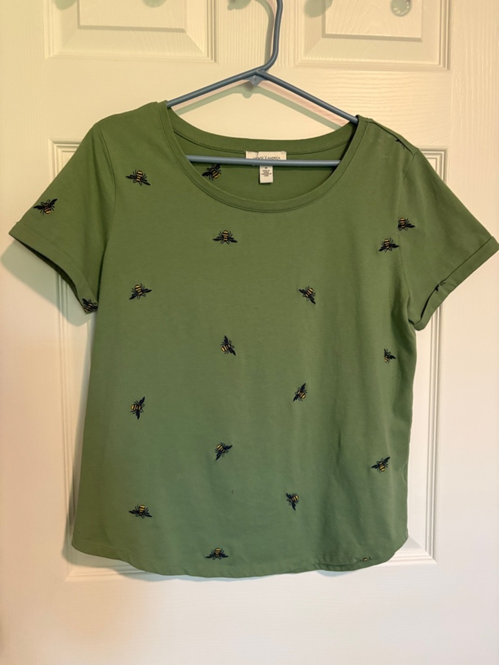 Vintage America Olive Green Short Sleeve Tee with Embroidered Bees